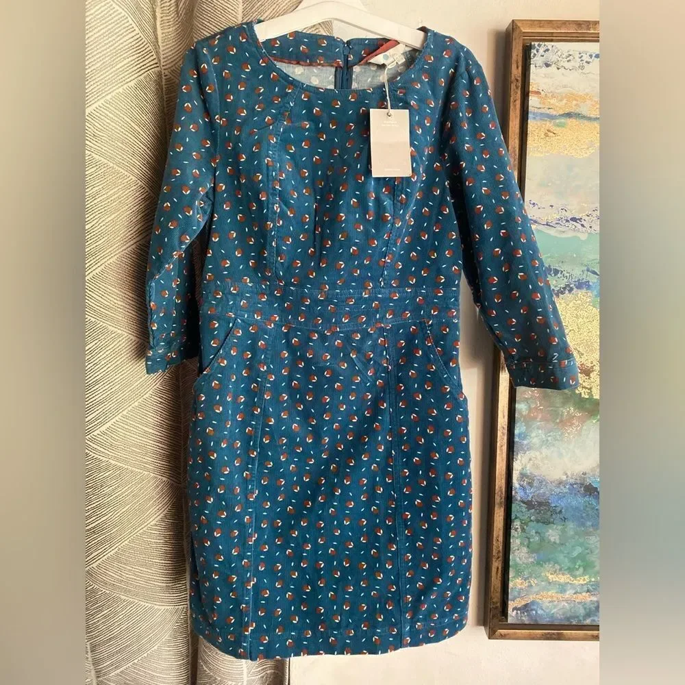 Boden Women Corduroy Green Acorn Shift Dress 3/4 Sleeve Sz 4P NWT
